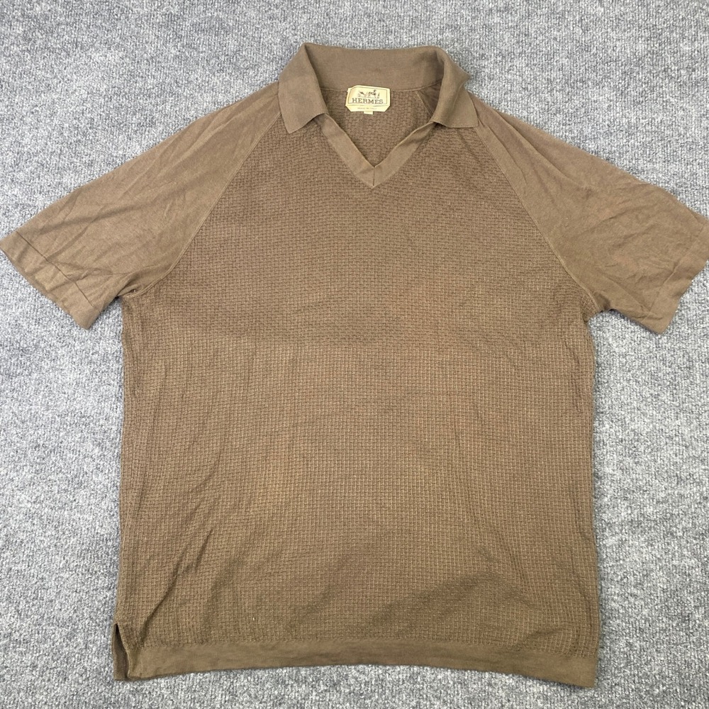 Hermes Mens Brown Cotton Waffle Knit V-Neck Short Sleeve Polo Made in Italy VTG